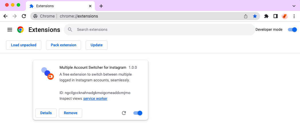 IG Switcher chrome extension install done