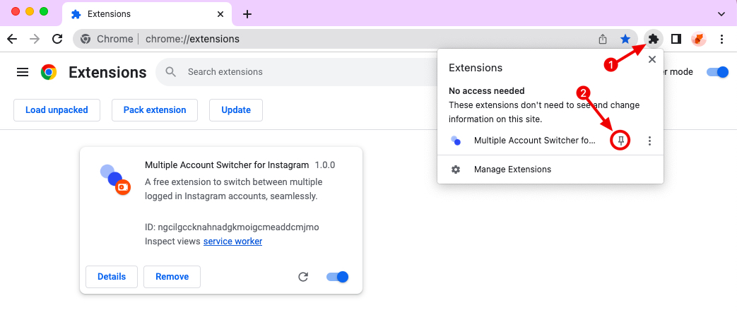 IG Switcher chrome extension install pin